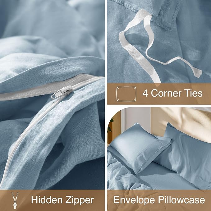 SONORO KATE 100% French Linen Duvet Cover King Size, Soft Breathable for Hot Sleepers, Moisture Wicking & Durable Cover Set - Zipper Closure & 4 Corner Ties Duvet Covers 3 Piece (Dusty Blue,King)