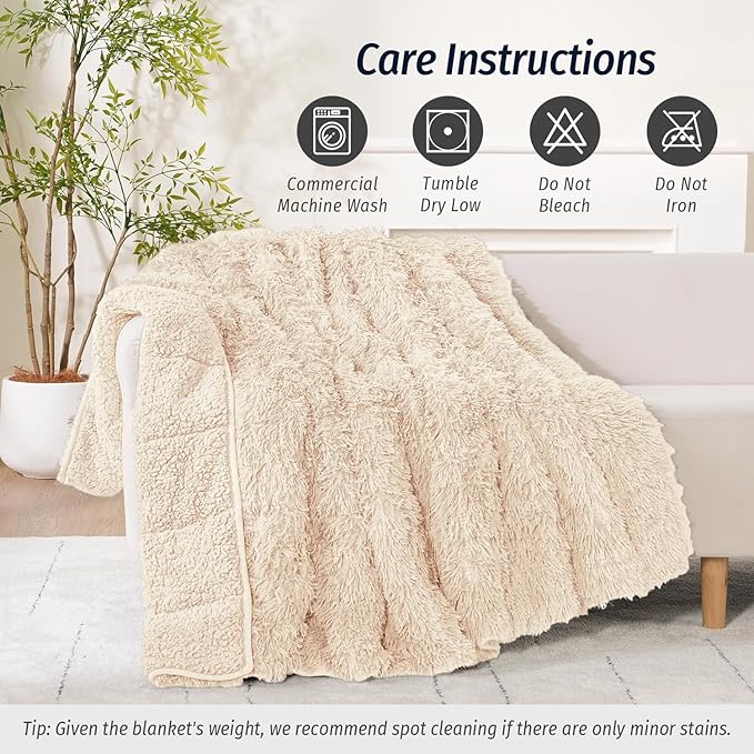 Wemore Shaggy Long Fur Faux Fur Weighted Blanket, Cozy and Plush Sherpa Long Hair Blanket for Adult 15lbs, Fluffy Fuzzy Sherpa Reverse Heavy Blanket for Bed, Couch, Khaki, 48 x 72 Inches