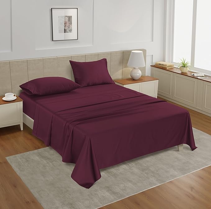 LANE LINEN 100% Cotton Twin Size Sheets Set - 3 Pieces - Ultra Soft Sateen Weave, 450 Thread Count - Breathable, Cooling, Durable, 15" Deep Pockets - Windsor Wine