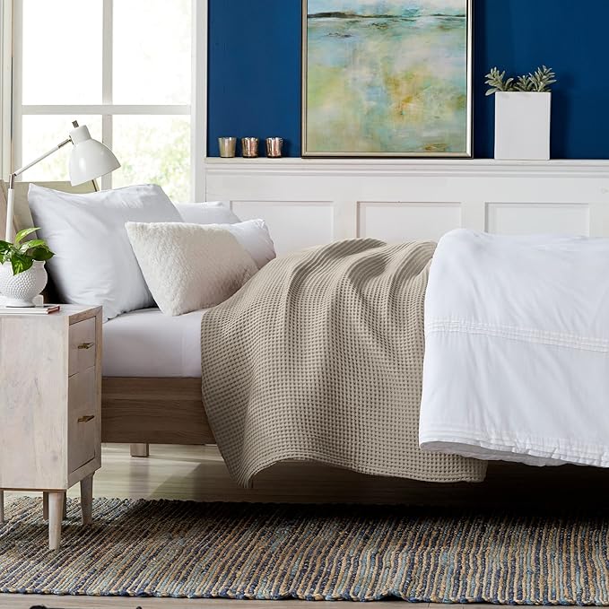 100% Cotton Waffle Weave Bed Blanket | Soft, Breathable, and Lightweight Blanket for All-Season | Perfect for Layering | Brielle Collection (Full/Queen, Linen)