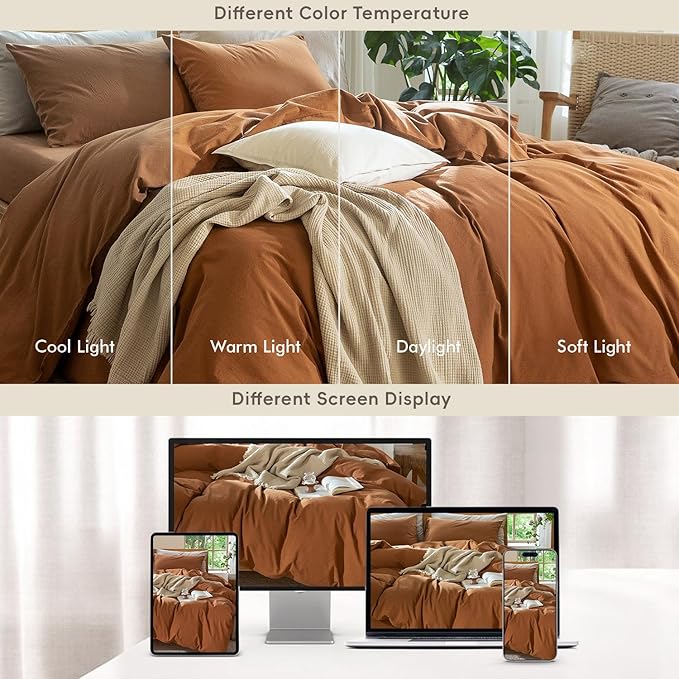 MooMee Bedding Duvet Cover Set 100% Washed Cotton Linen Like Textured Breathable Durable Soft Comfy (Solid Dark Orange, Oversized King Plus 128"x120")
