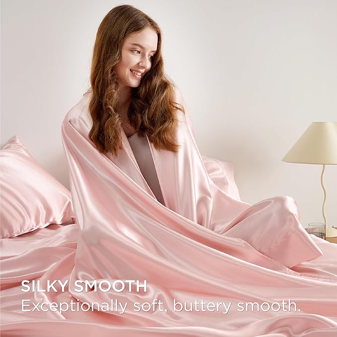 Bedsure Pink Satin Sheets King Size - 4 Piece Silky Bedsheets with 15 Inches Deep Pocket Fitted Bedsheet,1 Flat Sheet, 2 Satin Pillowcases, Good for Hair & Skin (King, Pink)