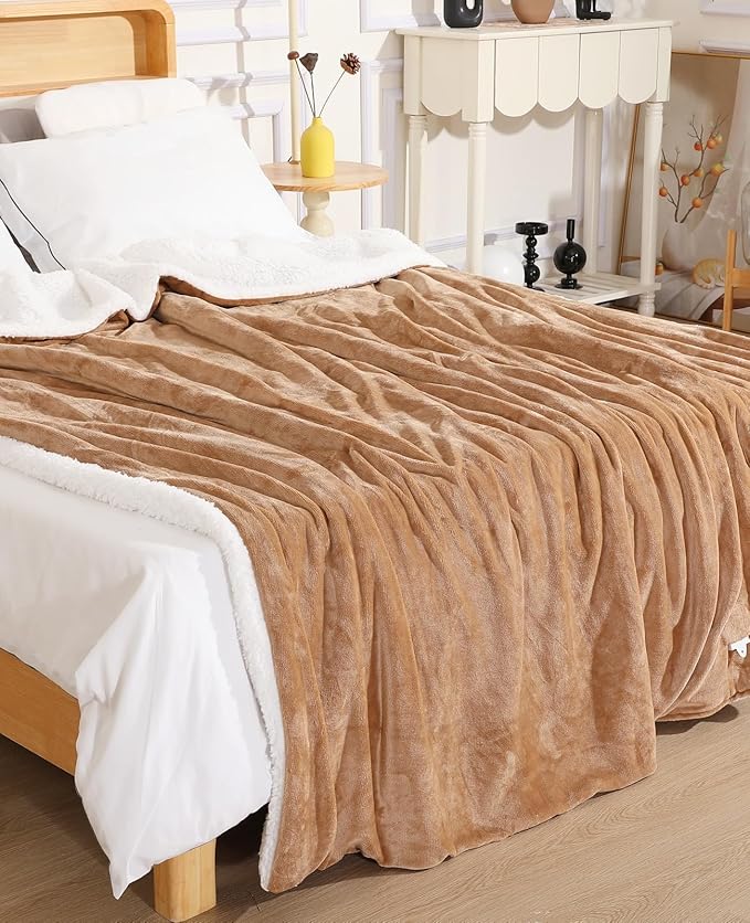 Electric Heated Blanket Throw 50"x60" - Soft Cozy Flannel & Sherpa Fabric Dual-Sided, 9 Heat Settings & 2-10 Hours Auto Off, Warming Heated Throw for Home Office, Machine Washable, Brown