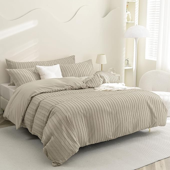 JELLYMONI Duvet Cover Full Size Khaki - 3PCS Boho Striped Duvet Cover Set Polyester Tufted Bohemian Textured Comforter Cover 80×90in with Corner Ties & Zipper and 2 Pillowcases