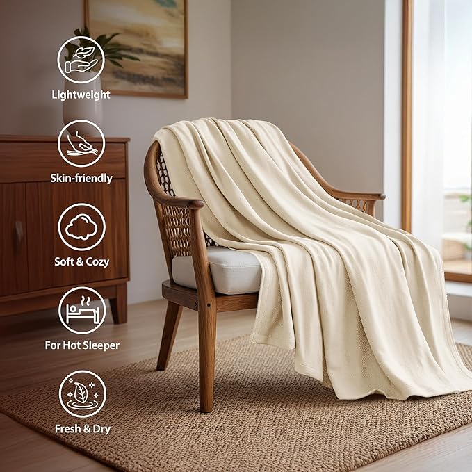 Queen Size Blanket, 70% Rayon (Derived from Bamboo) and 30% Cotton, Lightweight Jacquard Weave, Breathable and Soft Summer Blanket for Bed or Couch, 90” x 90”, Ivory