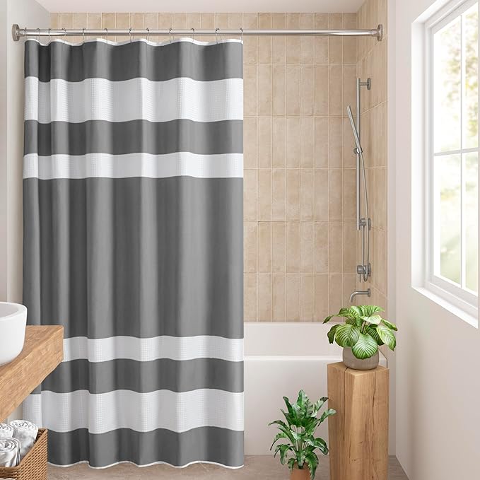 Madison Park Shower Curtain Spa Waffle Weave Long Shower Curtain for Bathroom 3M Scotchgard Moisture Management, Spa Quality Modern Shower Curtains for Bathroom, Long: 72x78 Charcoal
