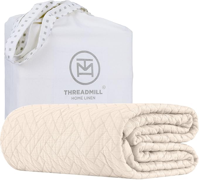 Threadmill Luxury Cotton Blankets for Twin Size Bed | All-Season 100% Cotton Twin Blanket for Bed | Criss Cross Jacquard Lightweight, Soft & Cozy Coverlet, 350GSM, 68 x 90 inches | Vanilla Cream