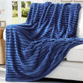 decorUhome Christmas Soft Fleece Navy Blue Twin Blanket for Bed, Cozy Fluffy Plush Flannel Striped Throws for Couch Sofa, Lightweight Decorative Ribbed Fuzzy Blanket for Woman, 60x80 Inches