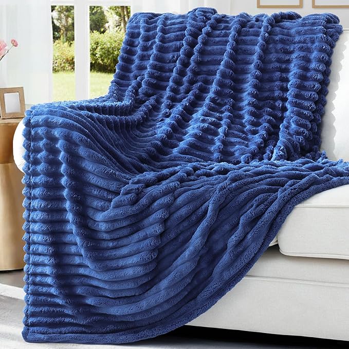 decorUhome Christmas Soft Fleece Navy Blue Throw Blanket for Couch, Cozy Fluffy Plush Flannel Striped Blanket for Sofa Bed, Lightweight Decorative Ribbed Fuzzy Blanket for Woman, 50x60 Inches