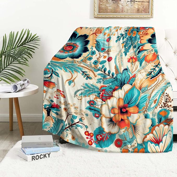 Flowers Blanket Throw, Turquoise Orange Hues Leaves Throw Blanket for Women Men, Soft Lightweight Flannel Fabric, Washable No-Pilling, 60x80 inches