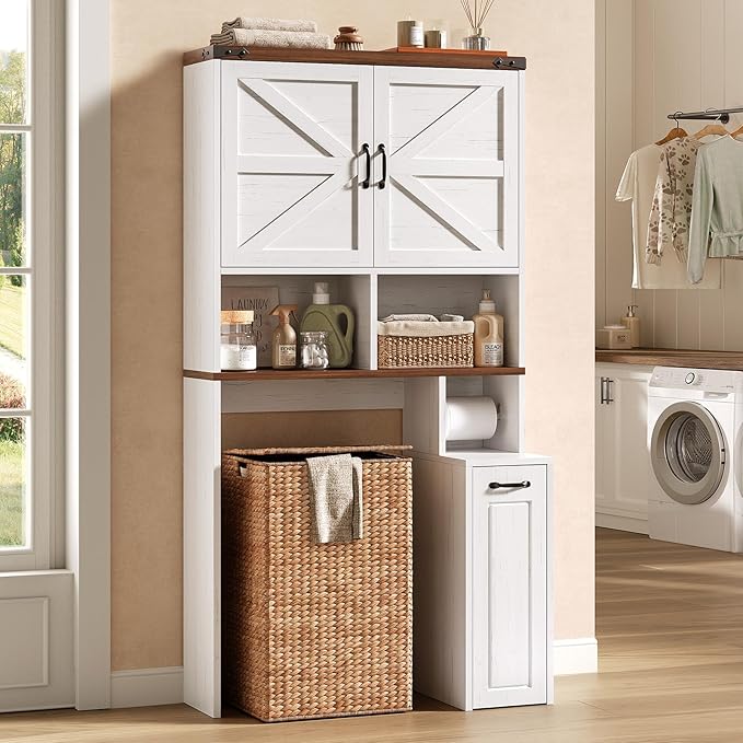 Farmhouse Over The Toilet Storage Cabinet with Pulley Small Bathroom Storage Cabinet, Space Saver W/Adjustable Shelf & Open Shelf for Bathroom, Restroom, Laundry (White Brown-Type B)
