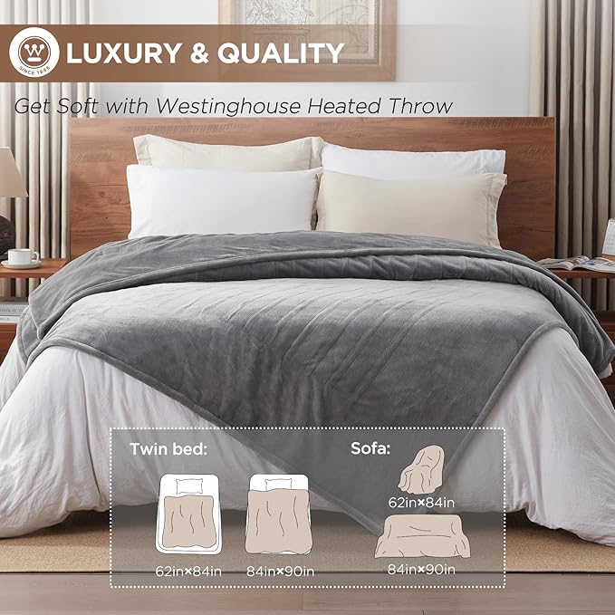 Westinghouse Heated Blanket Queen Size, Electric Heating Blanket with 10 Heating Levels, 1-12 Hours Auto Shut Off, Fast Heating Warming Blanket, Machine Washable (Queen,84x90 Inches,Light Grey)