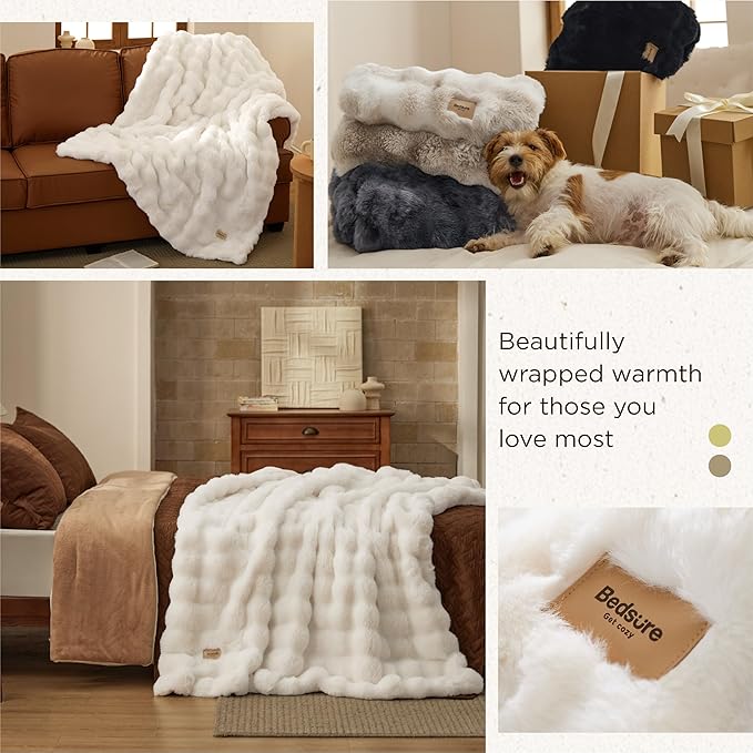 Bedsure GentleSoft Fluffy Fuzzy Throw Blanket, 870GSM Soft Faux Fur Blanket for Couch, Plush Fleece Minky Velvet Winter Bedding for Christmas, Thick Warm Furry Cozy Gifts for Women, Cream, 50"x60"
