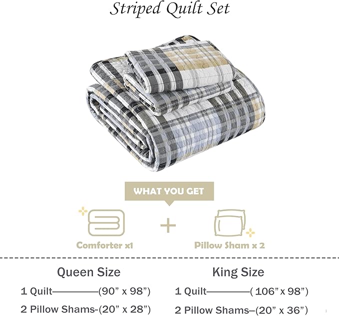 Quilt King Size, Cotton King Size Comforter Set,Grey Brown Black White Bedding Sets, Striped Plaid Bedspread Set, Farmhouse King Size Bed Set Lightweight All Season