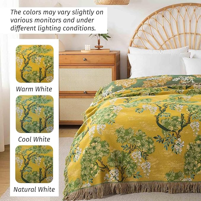 Qidordour Boho Throw Blanket, 60"x80" Muslin Blankets, 100% Organic Cotton Blanket for Couch Sofa, Lightweight Quilt with Tassel, All Season Bed Throw, Farmhouse Home Decor, A-Sophora Flower