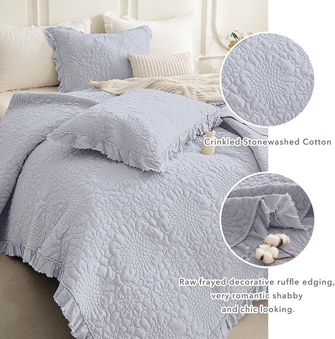 QSH 3PCs Cornflower Blue Ruffled Quilt Queen Size (90"x98"), Stonewashed Cotton Quilt Set, Soft Lightweight Crinkled Bedspread Coverlet Queen Shabby Farmhouse Chic Bedspreads Bed Set with Pillow Sham