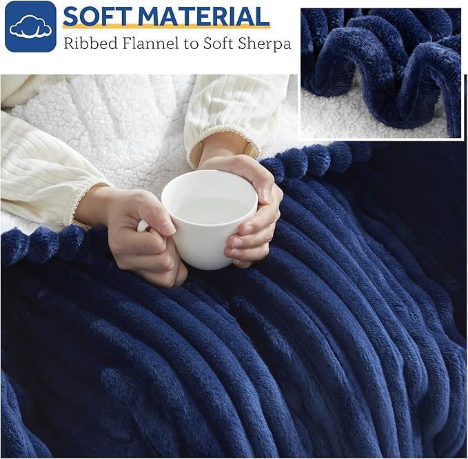 SEALY Heated Blanket Electric Throw, 50"x60" Heating Blanket Throw, 6 Heat Levels & 2-10 Hours Auto-Off Over-Heat Protection, Ribbed Flannel to Sherpa, Machine Washable, Navy Blue