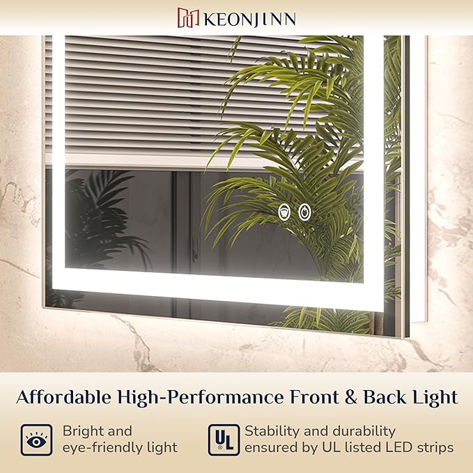 Keonjinn LED Bathroom Mirror 28 x 36 Inch, Frontlit & Backlit Vanity Mirror with 3 Color Lights, Lighted Mirror for Bathroom Wall with Anti-Fog, HD Tempered Glass, UL-Listed LED Driver, CRI90+