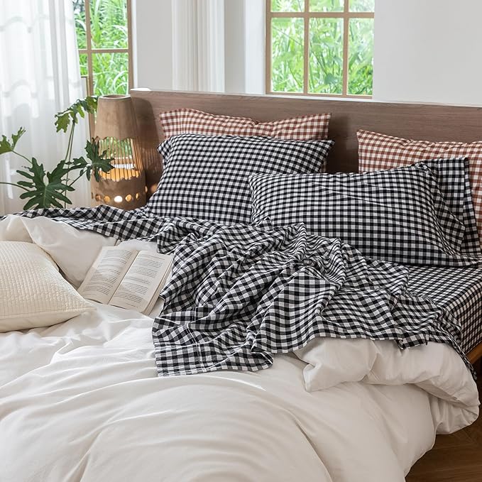 MooMee Gingham Sheet Set 100% Washed Cotton Linen Like Textured Breathable Soft w/Fully Elasticized 16-19" Deep Pocket (Classic Gingham Black White, Queen)