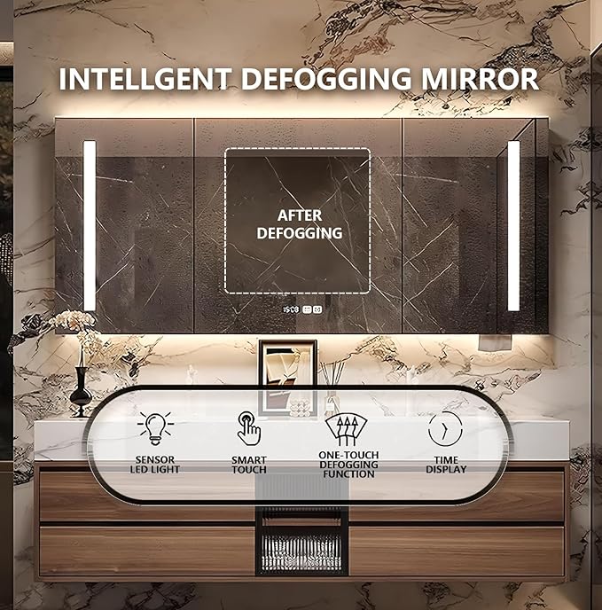 76IN Bathroom Vanity with Double Sink, Modern Bathroom Vanity with LED Smart Defog Mirror Cabinet & Integrated Ceramic Sink, Floating Vanities with Drawers and Glass Cabinet Door (Grey Wood)