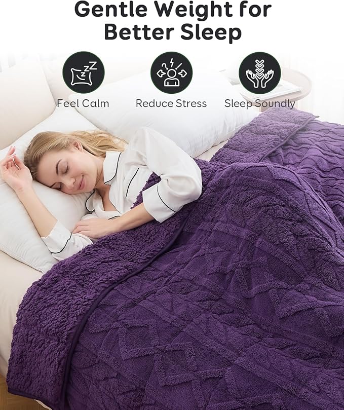 Sivio Weighted Blanket Queen Size 15 lbs for Adults, Sherpa Fleece Weighted Blanket Jacquard Heavy Blanket for Sleeping, Reversible Super Soft Warm Cozy Fluffy Blanket for Adult, 60 x 80inch, Purple