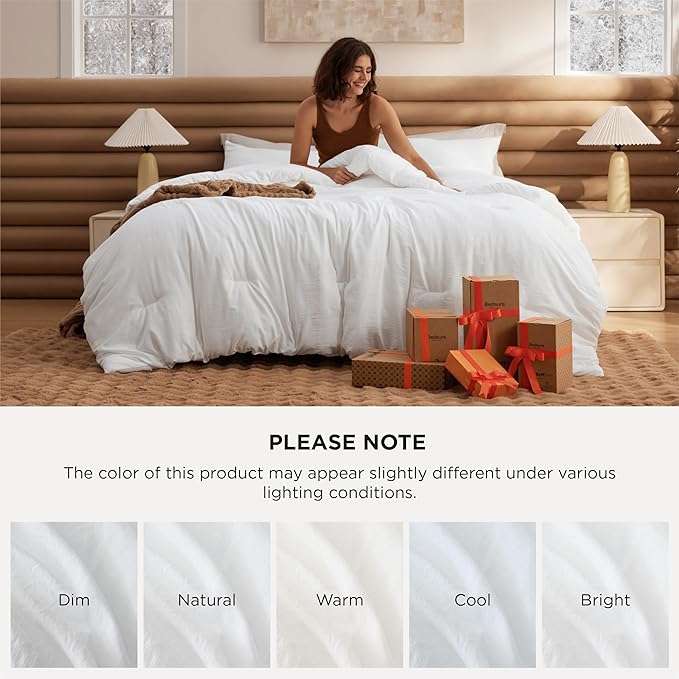 Bedsure Oversized Queen Size Comforter Set, White Soft Prewashed Bedding for All Seasons, 3 Pieces GentleSoft™ Down Alternative Bed Set, 1 Lightweight Comforter (98"x98") and 2 Pillowcases (20"x26")
