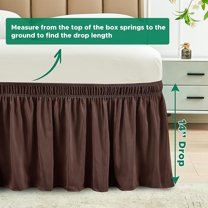 Biscaynebay Wrap Around Bed Skirts for King & Cal King Beds 14" Drop, Brown Adjustable Elastic Dust Ruffles Easy Fit Wrinkle & Fade Resistant Silky Luxurious Fabric Solid Machine Washable