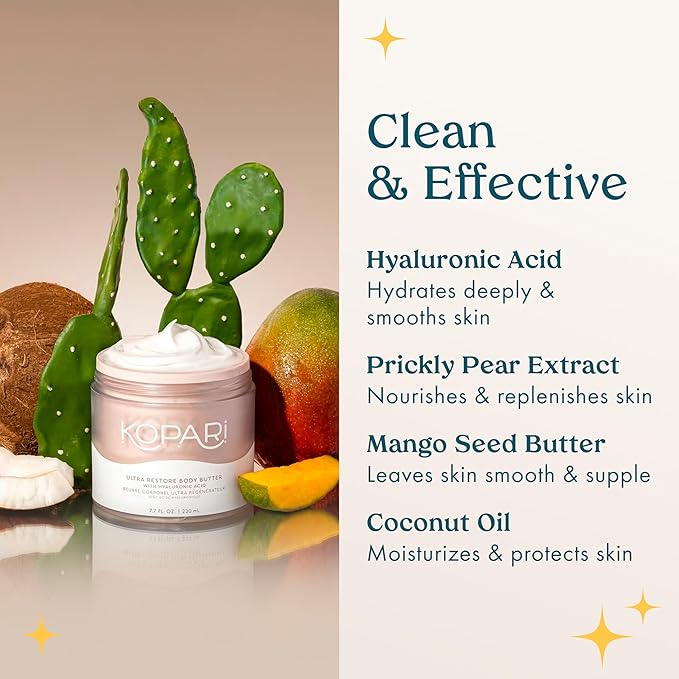 Kopari Ultra Restore Body Butter, Whipped Lightweight Formula, Hyaluronic Acid & Mango Seed Butter, Deep & Long-Lasting Moisture, Coconut 7.7 oz
