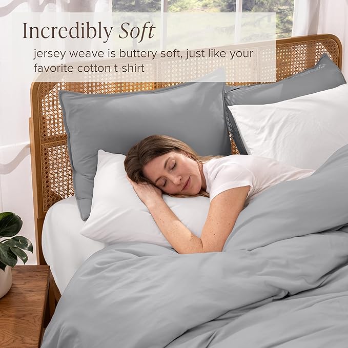 Bare Home 100% Organic Cotton Jersey Duvet Cover Set - Twin/Twin XL Size - Ultra Soft - 100% Cotton - 2pcs - Corner Ties - Button Closure - Bed Duvet Cover & Pillow Shams (Light Grey)