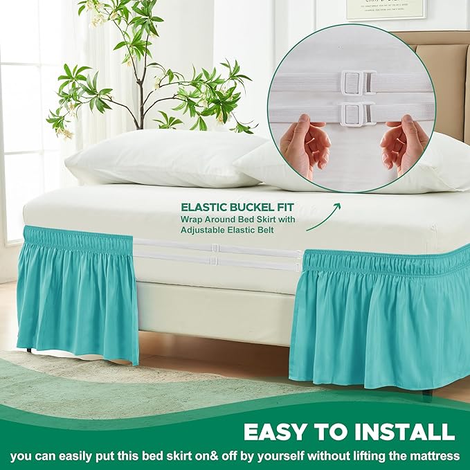 Biscaynebay Wrap Around Bed Skirts for King & Cal King Beds 18" Drop, Aqua Adjustable Elastic Dust Ruffles Easy Fit Wrinkle Resistant Silky Luxurious Fabric Machine Washable