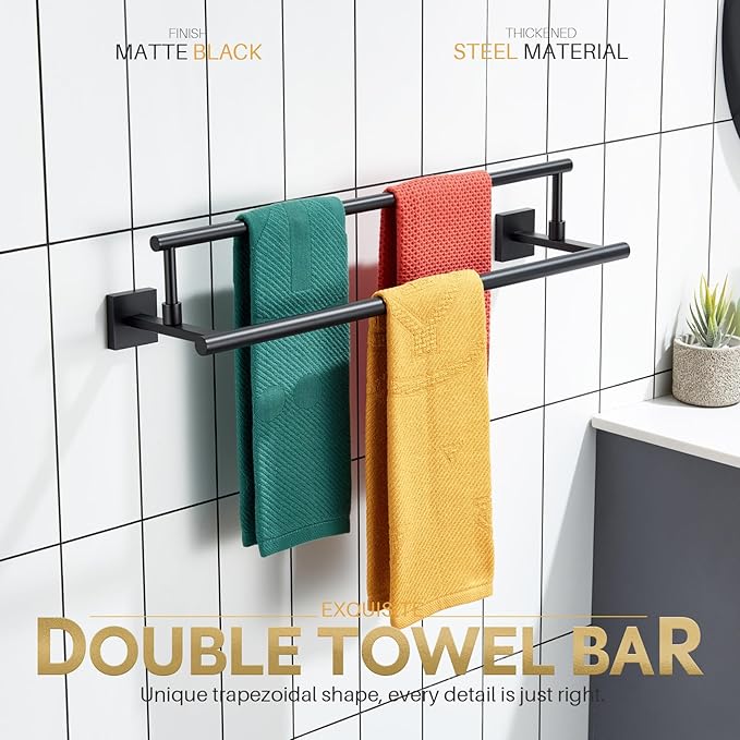 KOKOSIRI Bathroom Towel Bars 24-Inch Double Towel Rails Matte Black Towel Holder for Kitchen Garage Wall Mount Stainless Steel B5009BK-L24