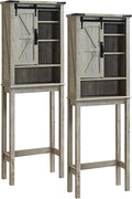 RedLemon Farmhouse Over The Toilet Storage Cabinet Set of 2, 68" Tall with Sliding Barn Doors & Adjustable Shelves, Rustic Above Toilet Storage Cabinet, Light Rustic Oak