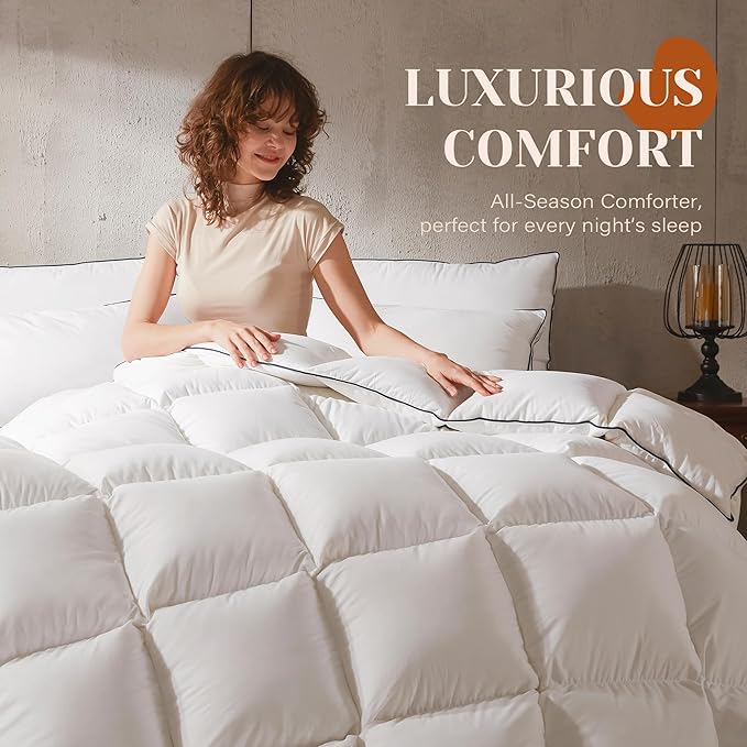 Goose Feather Down Fiber Cotton Comforter Oversize Queen Size, Ultra-Soft Duvet Insert, Hotel Collection White Quilted Comforter, All Season Bedding Comforter with 8 Corner Loops, 98x96 Inch