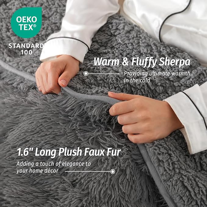 Wemore Shaggy Long Fur Faux Fur Weighted Blanket, Cozy and Fluffy Plush Sherpa Long Hair Blanket for Adult 20lbs, Fluffy Fuzzy Sherpa Reverse Heavy Blanket for Bed, Couch, Grey, 60 x 80 Inches