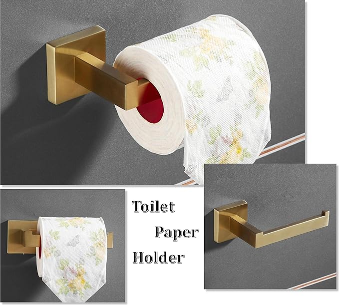 SHUNLI Gold Toilet Paper Holder + Hand Towel Holder, Brushed Gold Bathroom Accessories Hardware Set 2 Pieces, Wall Mounted Towel Ring Towel Bar, SUS304 Stainless Steel