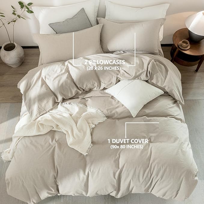 Linen Grey Duvet Cover Full Size 90inch x 80inch,100% Washed Cotton Duvet Cover with Zipper Closure and 2 Pillowcases, Color of New Nature Linen