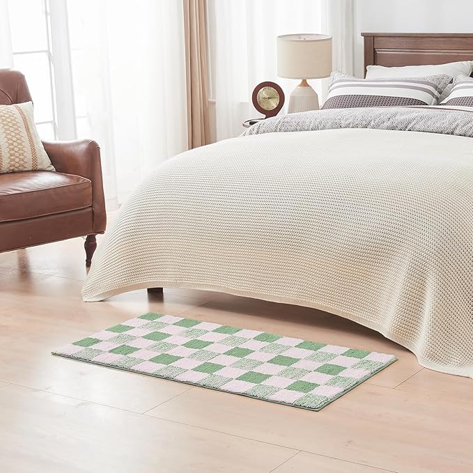 CozeCube Bath mats for Bathroom Non Slip, Fluffy Absorbent Microfiber Bath mat Washable, Aesthetic Bathroom Rugs, Long Sage Green Checkered Bath mat, Sage Green, 47" x 24"