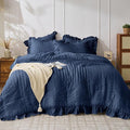 JOLLYVOGUE Navy Blue Queen Comforter Set, 3 Pieces Seersucker Comforters Queen Size, Lightweight & Fluffy Bedding Sets Queen for All Season with 1 Ruffle Comforter and 2 Ruffle Pillowshams