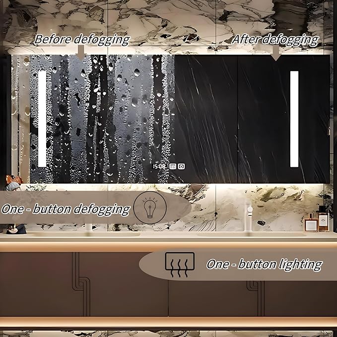 62IN Bathroom Vanity Set with Sink, Smart Defogging Vanity Mirror with 2 Light Strips | with Motion Sensing Light Strips, Bathroom Double Vanities with Sink Includes 2 Drawers (Mirror)