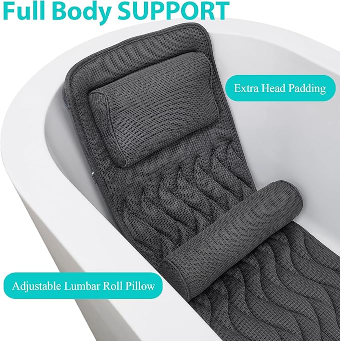 AEROiVi Full Body Bath Pillow with Adjustable Lumbar Roll Pillow Bathtub Cushion with 14 Suction Cups 3D Air Mesh Fit Any Tub Gray Bathroom Accessories