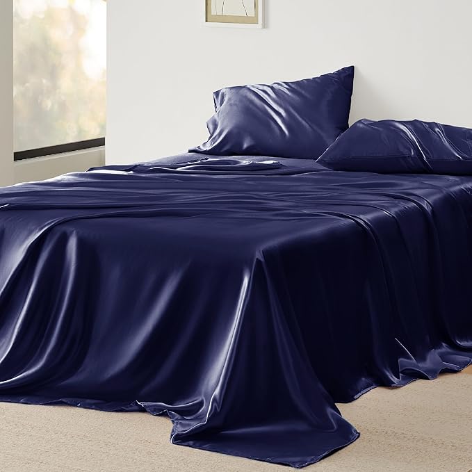Bedsure Satin Sheets Full Size - 4 Piece Silky Bedsheets with 15 Inches Deep Pocket Fitted Bedsheet,1 Flat Sheet, 2 Satin Pillowcases, Good for Hair & Skin (Full, Navy)