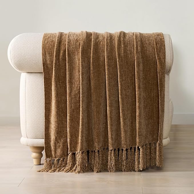 EVERGRACE Soft Chenille Throw Blanket for Couch, Cozy Plush Fuzzy Decorative Chenille Knit Throw Blanket with Tassels, Lightweight Blanket and Throws for Bed Sofa Gift Home Decor, Khaki 50"x60"
