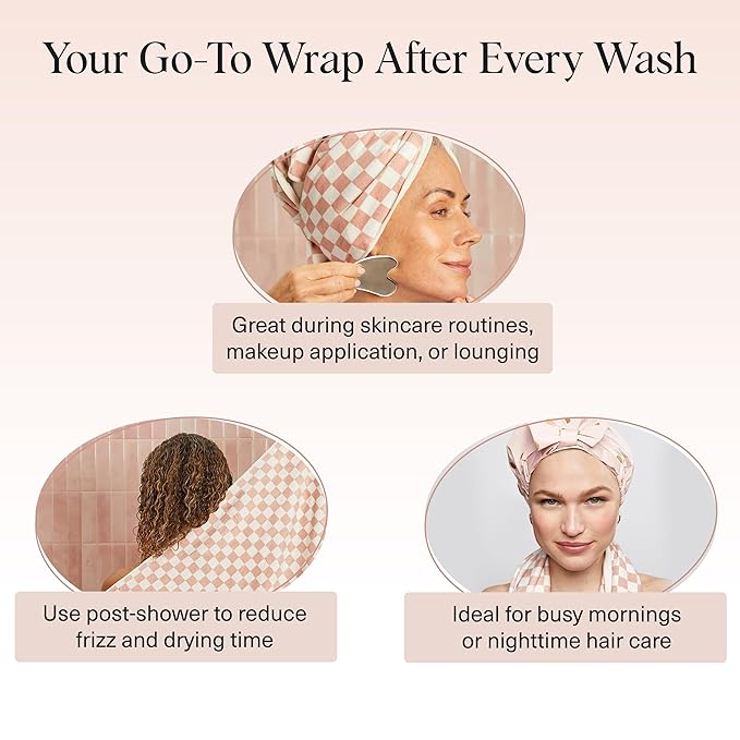 Kitsch XL Microfiber Hair Towel Wrap for Women – Ultra Absorbent Microfiber Towel for Wet, Curly, Long or Short Hair – Quick Dry, Anti-Frizz Hair Wrap – Terracotta Checkered, 40x24 inches