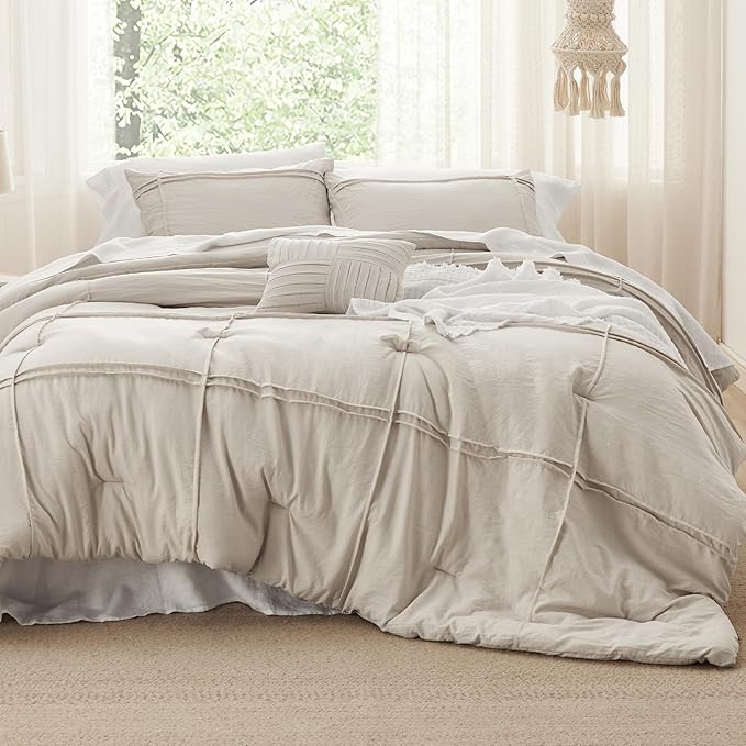 Bedsure Full Comforter Set - 4 Pieces Grid Pleat Bed Set, Beige Boho Bedding for All Season, 1 Soft Comforter, 2 Pillowcases, 1 Decorative Pillow