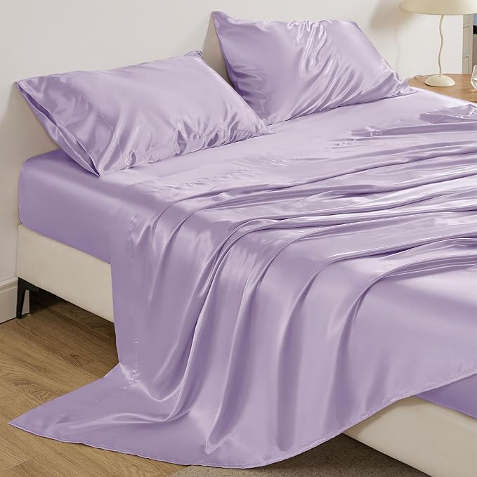 Bedsure Satin Sheets Full Size - 4 Piece Silky Bedsheets with 15 Inches Deep Pocket Fitted Bedsheet,1 Flat Sheet, 2 Satin Pillowcases, Good for Hair & Skin (Full, Lavender)