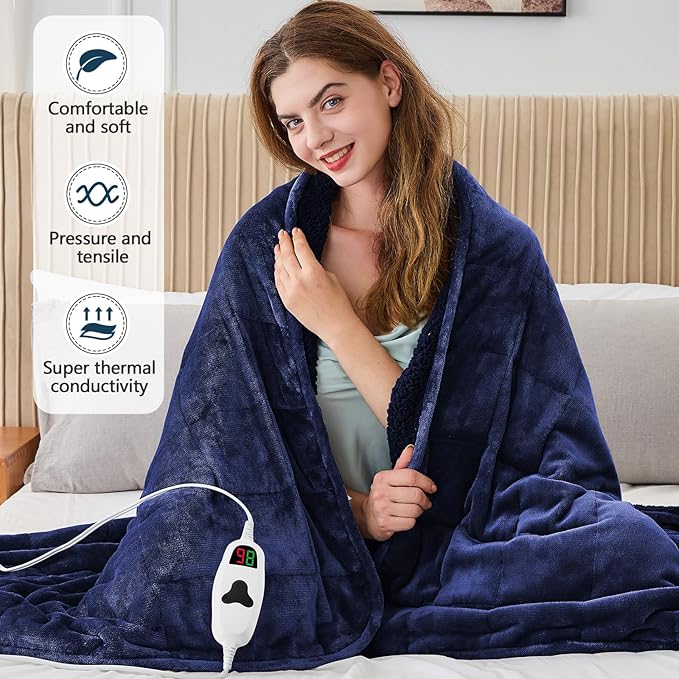 CYMULA Heated Weighted Blanket for Adults, Weighted Heated Blanket 50" x 60", 13lbs Sherpa Fleece Weighted Electric Blanket Soft Heating Blanket with 10 Heating Levels & 1-8 Hours Auto Off, Navy