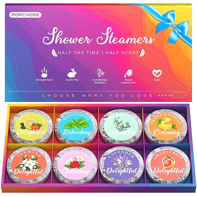 POPCHOSE Christmas Gifts for Women - Shower Steamers Aromatherapy 8 Pack with Gift Box, Self Care Spa Gifts for Mom, Men, Dad, and Teens - Relaxing Stocking Stuffers for Thanksgiving, Birthday