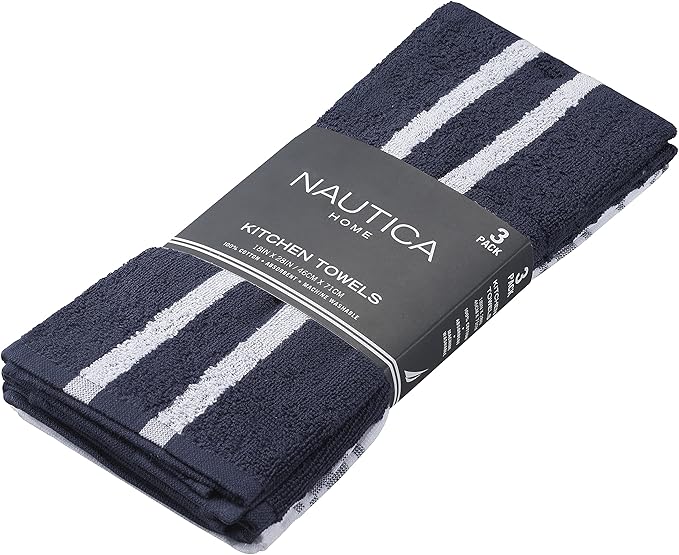 Nautica 100% Cotton Kitchen Towels Set of 3 | 18" x 28" Super Absorbent Reusable Cleaning Cloths, Tea Towels, Hand Towels for Drying Dishes | Navy/White Multi Dish Towels for Kitchen