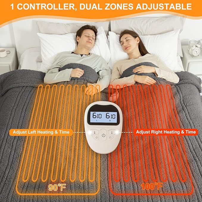 Queen Size Heated Blanket Single Control - 84"X90" Soft Double Sided Sherpa Electric Blanket with 6 Fast Heating Levels & 10 hrs Timer Settings, Washable & ETL Certified for Bed, Grey