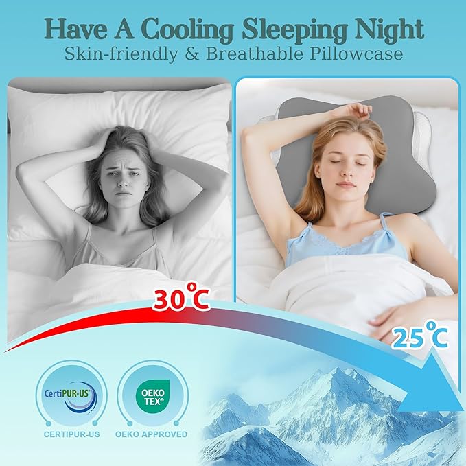 Cervical Neck Pillow for Pain Relief - Ergonomic Bed Pillow for Neck Support, Cooling Contour Orthopedic Memory Foam Pillows for Side Back Stomach Sleepers (Light Grey, Queen-23.2''Lx15.1''Wx4.7''H)